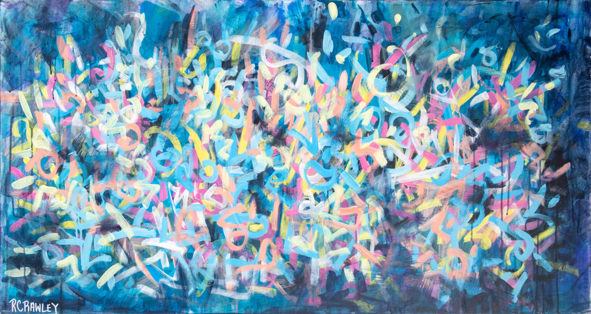 Abstract painting with a blue background surrounding multi-color "squiggle" marks.